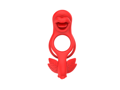 Red silicone cock ring with a unique design for clitoris and penis stimulation