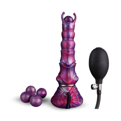 Alien-inspired ovipositor dildo with 4 oggs and a pump on transparent background