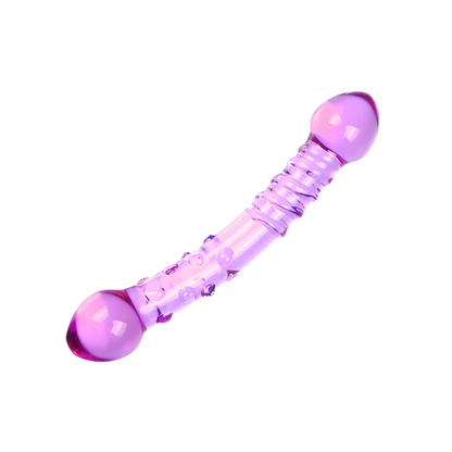 Purple glass dual-ended dildo with texture on shaft on a white background