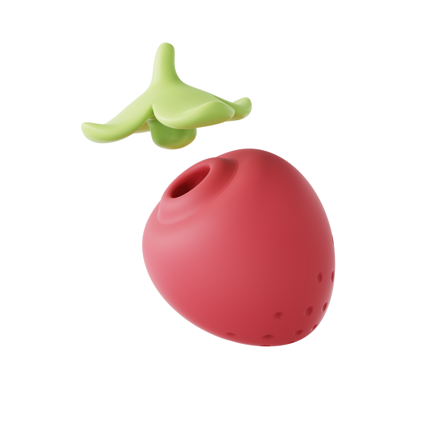 Red strawberry-shaped clitoral vibrator with green leaf detached cap on transparent background