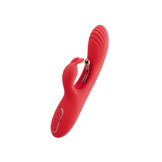Red dual vibrator with rabbit clit stimulator on a transparent background